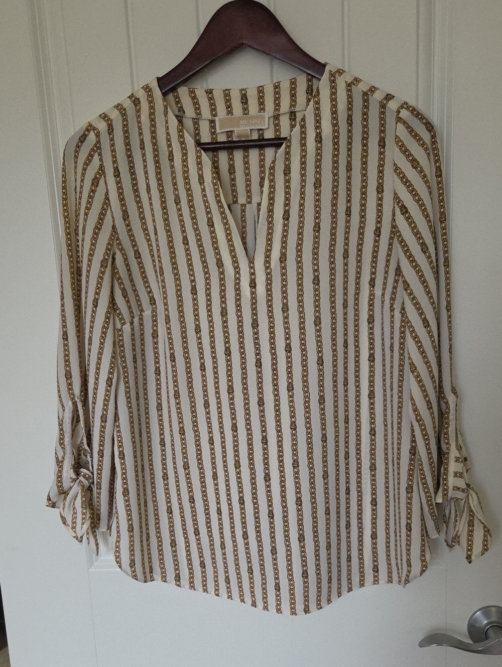 MICHAEL Michael Kors Cream Blouse with Gold Chain-Print Stripes (sz M)